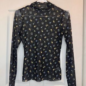 AFRM Los Angeles Zadie Mock Neck Mesh Long Sleeve Top in Black Floral size Small